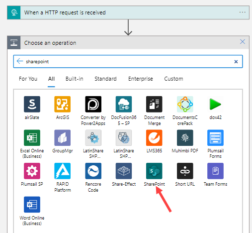 Screenshot of logic apps, filtered to SharePoint. The Power Automate reads when a HTTP request is received, a SharePoint connection (which is selected) will do something an action.