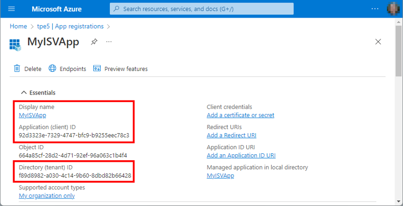 After creation, Azure shows the application details and links to configure more application details