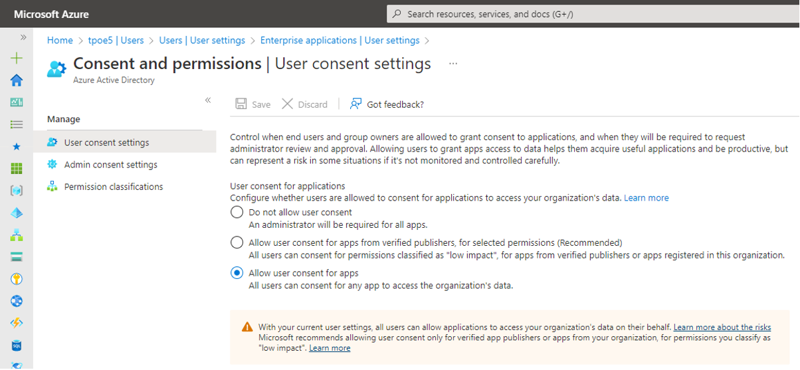 Administrators can set the user consent settings in the Azure AD Enterprise Apps module.