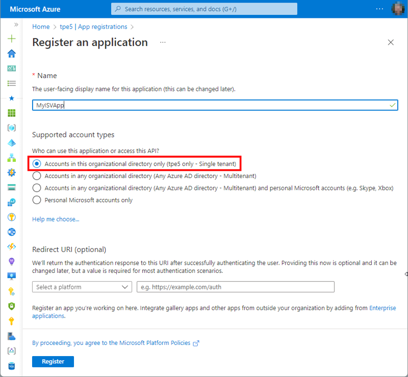Register a new application in Azure AD in the Azure portal