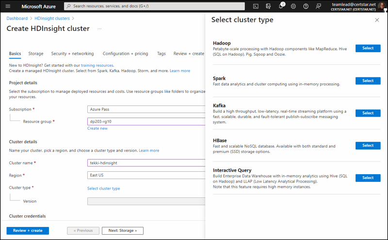 Azure portal screenshot of the Create HDInsight Cluster experience. The Select Cluster Type blade is shown, offering you the choice of deploying an Apache Hadoop or Apache Spark cluster, among other options.