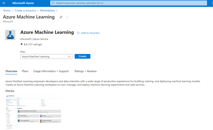 Screenshot of the page in Microsoft Marketplace where you confirm choices before you create an Azure Machine Learning workspace.