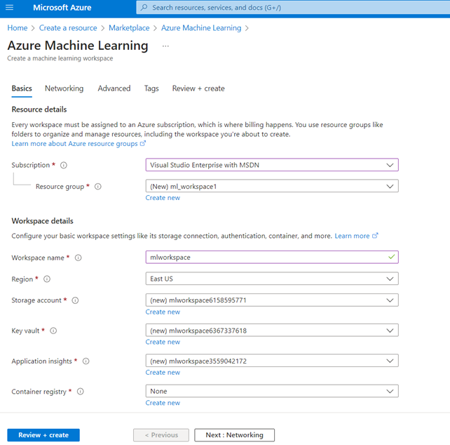Screenshot that shows details of the Azure Machine Learning workspace that is about to be created. The screenshot shows a subscription from Visual Studio Enterprise with MSDN. The workspace is named ML workspace. Other details include the region, a new storage account, a new key vault, a new application insights, and for now, not setting the container registry.