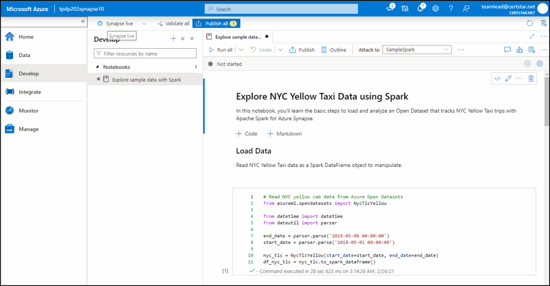 Screenshot of the Azure Synapse Analytics web console. We’re on the Develop tab populating a Jupyter notebook entitled “Explore NYC Yellow Taxi Data using Spark.”