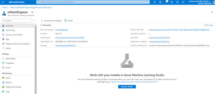 Screenshot of the Azure Machine Learning resource page. This is the hub where you can see the details of the resources in the workspace.