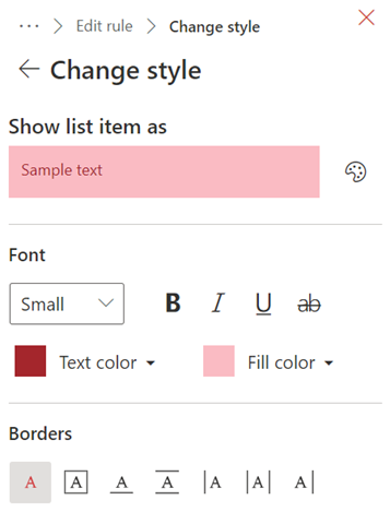 Conditional formatting style options for a SharePoint list.