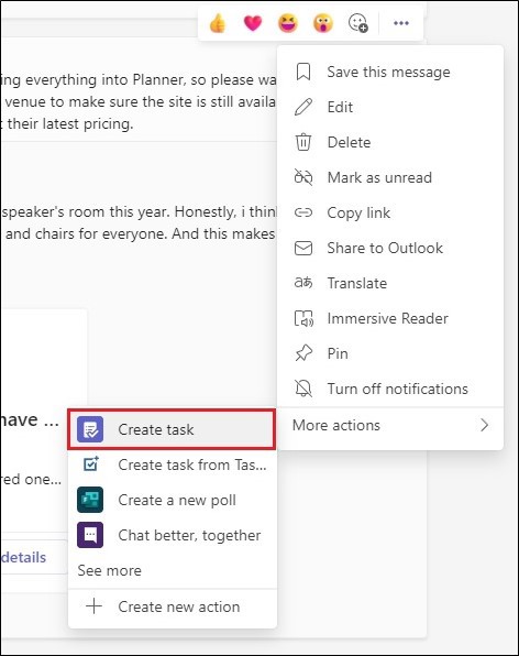 Screenshot that shows the Create task option, which creates a task in Planner.