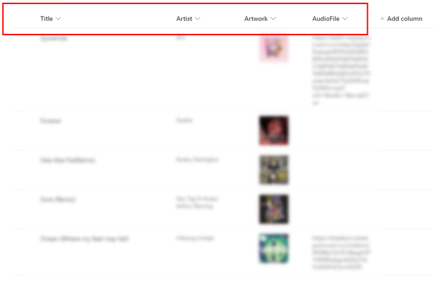 User interface of a SharePoint list that shows a track list with columns for title, artist, artwork, and audio file