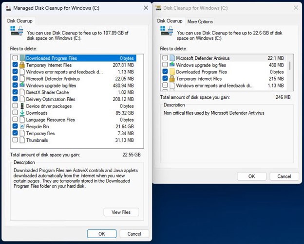 You can stretch the Managed Disk Cleanup to show all possible items; Disk Cleanup shows only five.