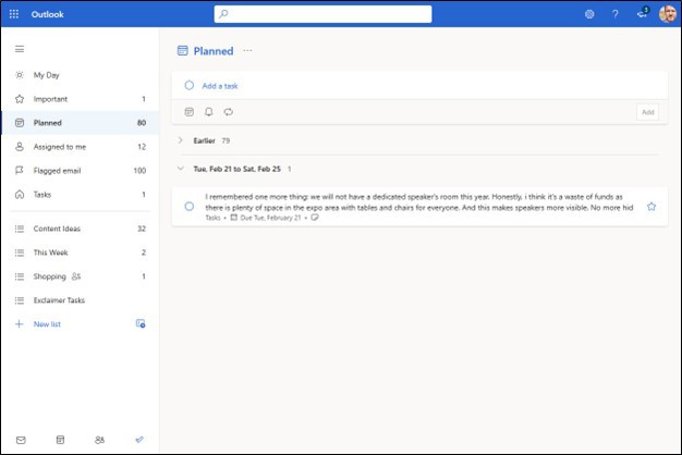 Screenshot of newly created tasks that appear in the Planned, Assigned to me, and Tasks lists of Outlook.