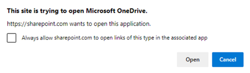 A dialog box will require that you open or sign in to OneDrive. Once you’re signed in, OneDrive will sync File Explorer and SharePoint.
