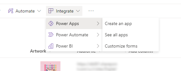Screenshot that shows Power Apps integration in SharePoint list