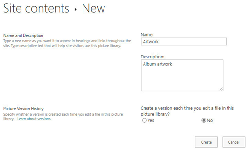 Screenshot of adding a name and description for a SharePoint picture library