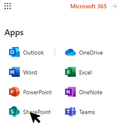 The Microsoft 365 app launcher displays all the applications within Microsoft 365. The arrow indicates navigation to SharePoint.