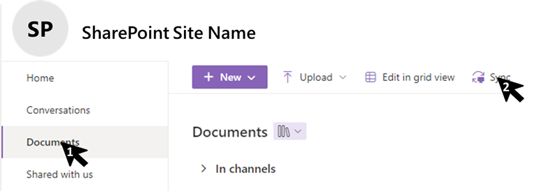 Screenshot showing a sample SharePoint site name. The first arrow demonstrates navigation to the Documents subcategory. Second arrow demonstrates selecting Sync.