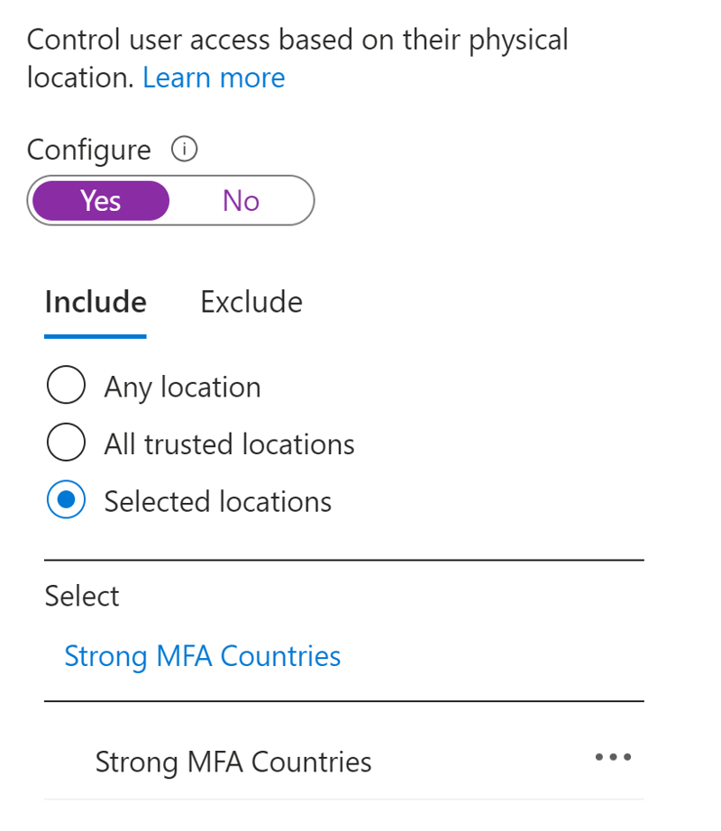 Screenshot from Conditional Access Policy Settings where the user can configure strong MFA for selected countries.