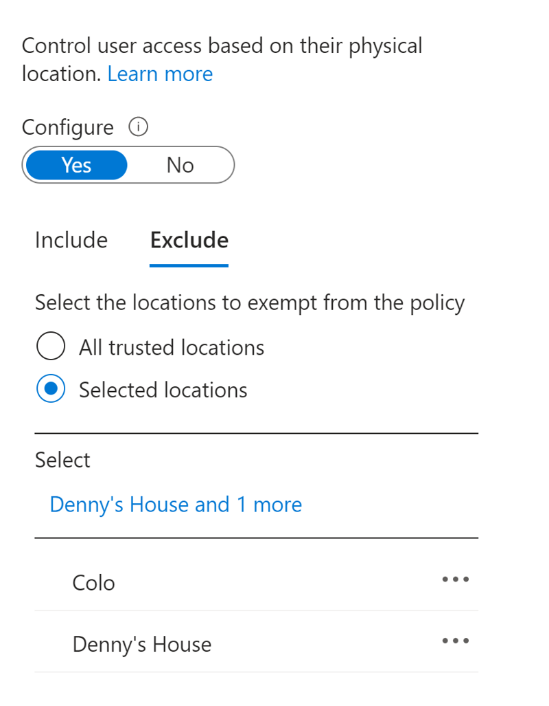 Screenshot of Conditional Access Policy Setting allowing you to exclude specific locations from the current policy.
