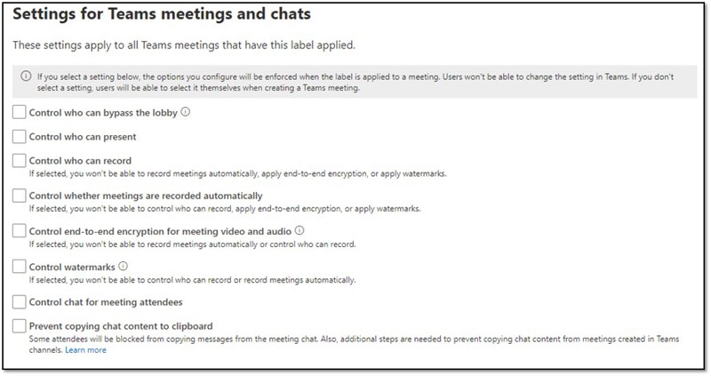 This image shows the settings you can configure for meetings within a sensitivity label