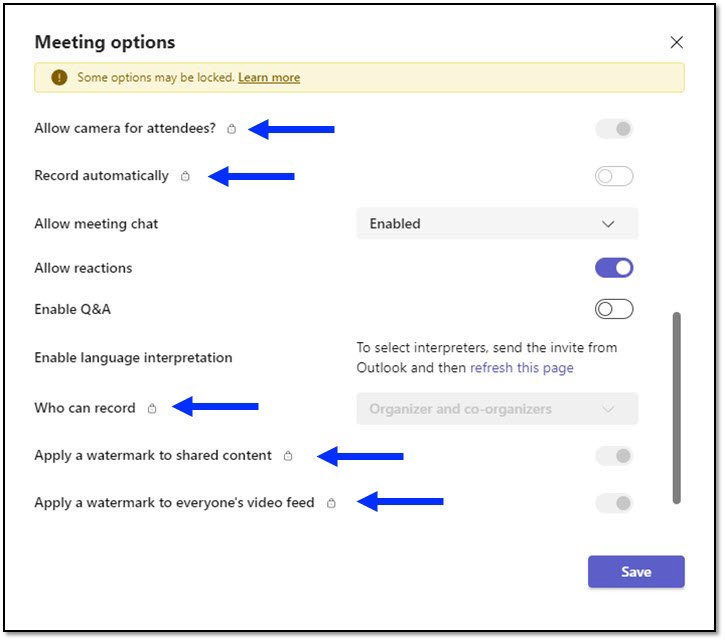 Image of the Teams meetings options after configuring options with labels and templates