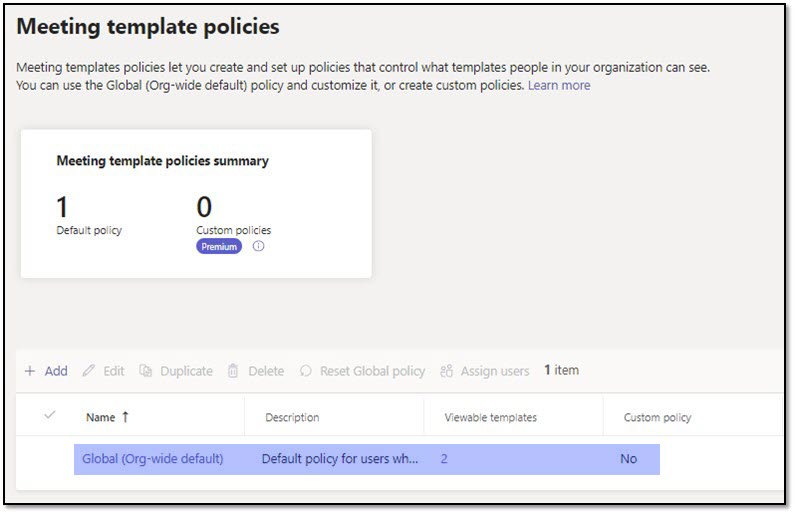 Image of the meeting template policies in Teams admin center