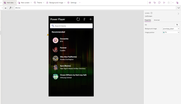 Screenshot showing a track list screen in Power Apps studio