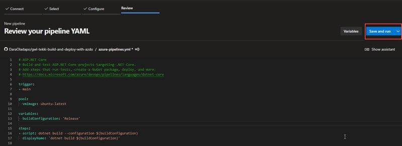 Screenshot highlighting the Save and run button to build the autogenerated YAML code.