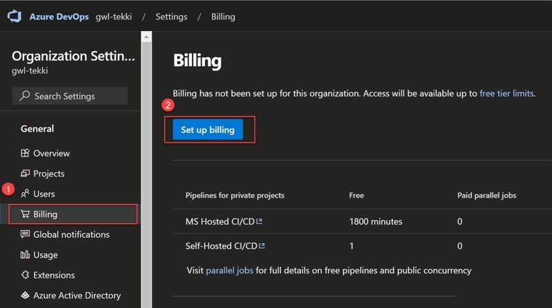 Screenshot of the billing menu within Azure DevOps organization settings. The billing menu in the sidebar is highlighted as step one, and the set up billing button is highlighted as step two. 
