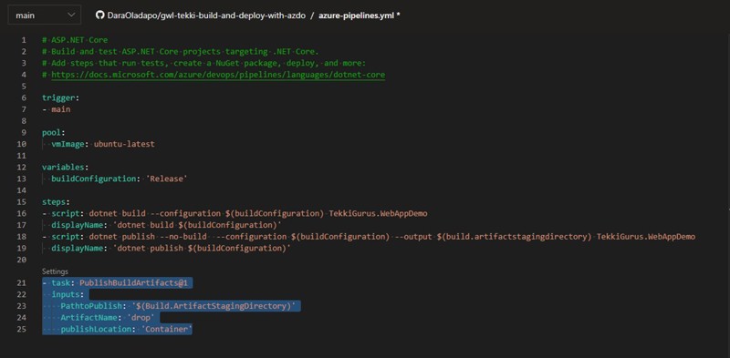 Screenshot showing what the pipeline code should look like after adding the Publish build artifacts task.