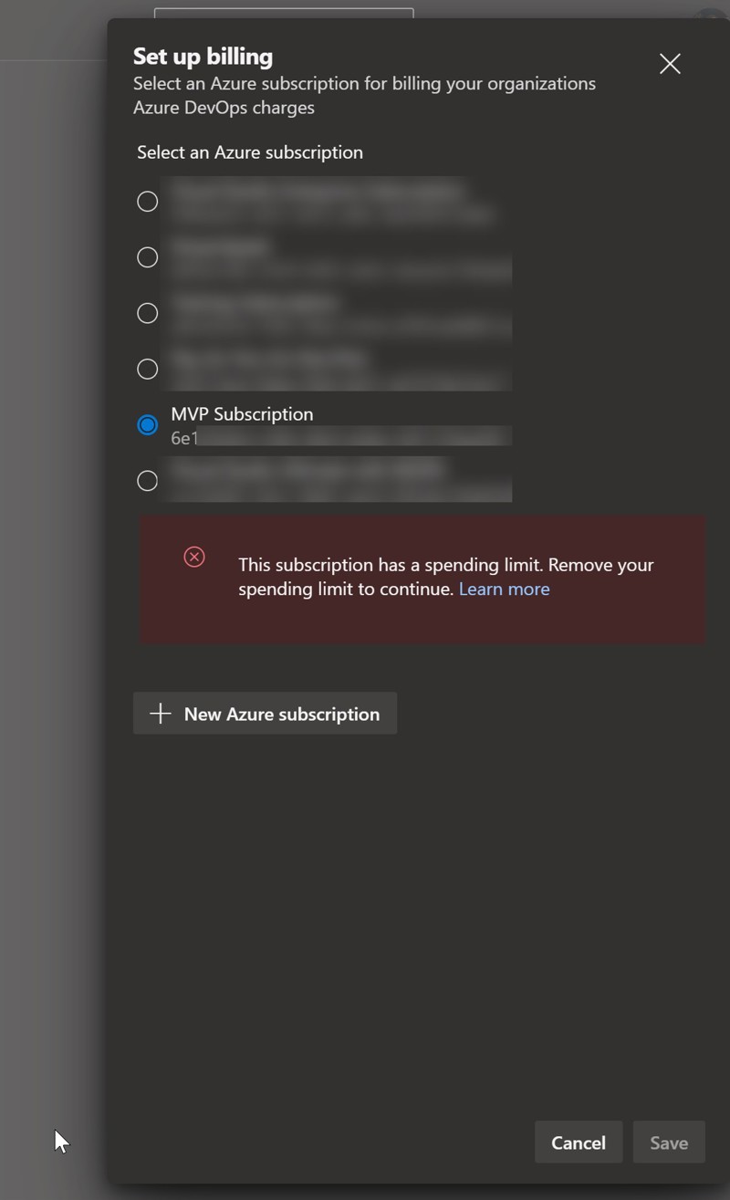 Screenshot of a sidebar loaded showing a list of Azure subscriptions.