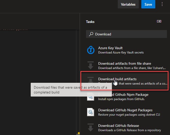 Screenshot detailing how to add the download build artifacts step
