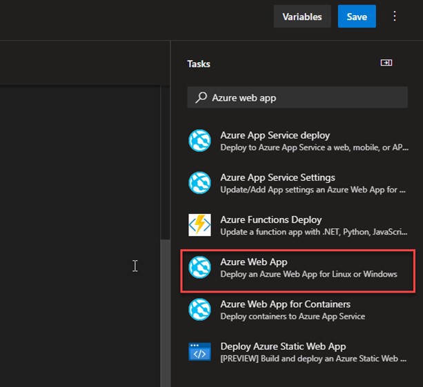 Screenshot showing how to add the Azure web app step to the release stage.
