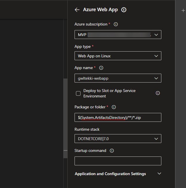 Screenshot showing the parameters to modify to configure the release stage to deploy to Azure