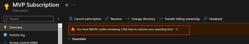 Screenshot of the Azure Portal notifying the user of a credit limit on their Azure subscription.