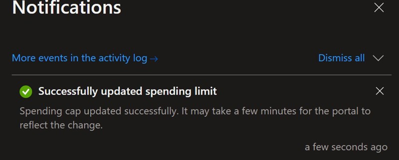 Screenshot of an Azure Portal notification informing the user that spending limit has been removed on their account.