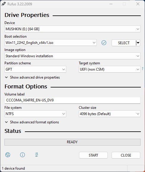 This screenshot displays the drive properties for the Mushkin-UFD, such as device, boot selection (Win11_22H2_english_x64v1.iso), image option (Standard Windows installation), partition scheme (GPT), target system (UEFI non CSM), volume label, file system (NTFS), cluster size (4096 bytes), and status (ready).