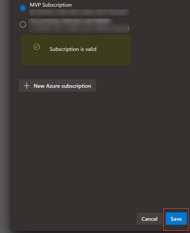 Screenshot showing a valid Azure subscription for linking Azure DevOps billing. The Save button in the bottom-right corner is highlighted.