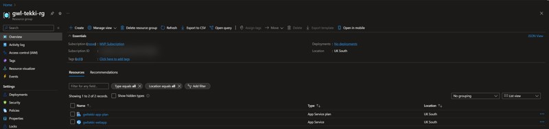 Screenshot of the Azure Poral showing a newly created resource group containing an App Service plan and Azure web app.