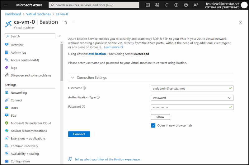 A screenshot of the Azure portal, showing the Bastion blade for a virtual machine named cs-vm-0.