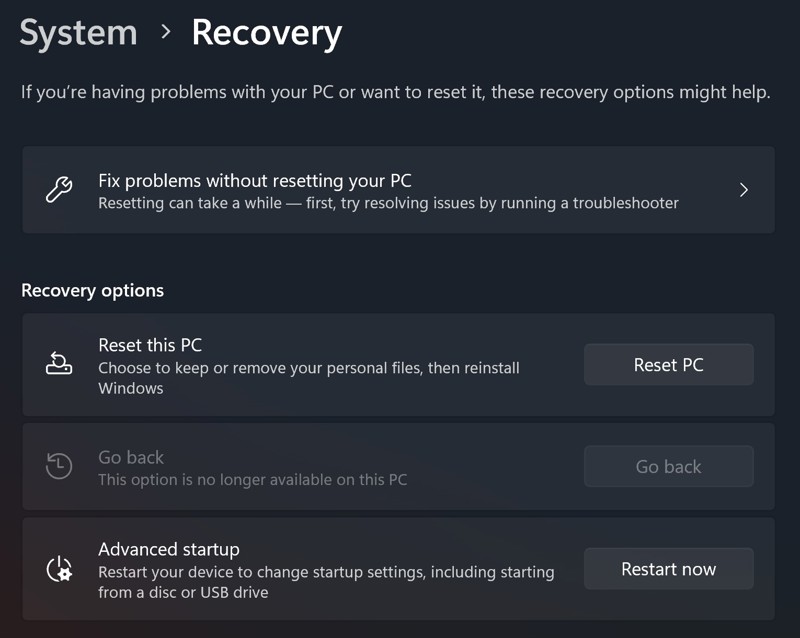 This screenshot shows recovery options if you're having problems with your PC or want to reset it. Options include Reset PC, Go back, and Restart now. To boot into WinRESelect, select Restart now to the right of the Advanced Startup entry.