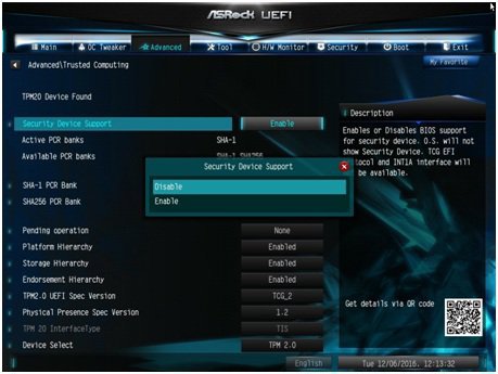This screenshot shows the Asrock UEFI option to enable and disable Secure boot.