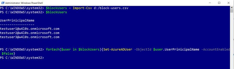 This screenshot shows the cmdlet for blocking multiple Microsoft 365 users using the AzureAD PowerShell module.
