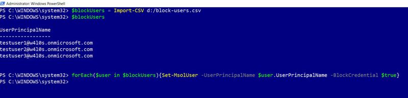 This screenshot shows the cmdlet for blocking multiple Microsoft 365 users by importing them from a CSV file using MsolService PowerShell module.