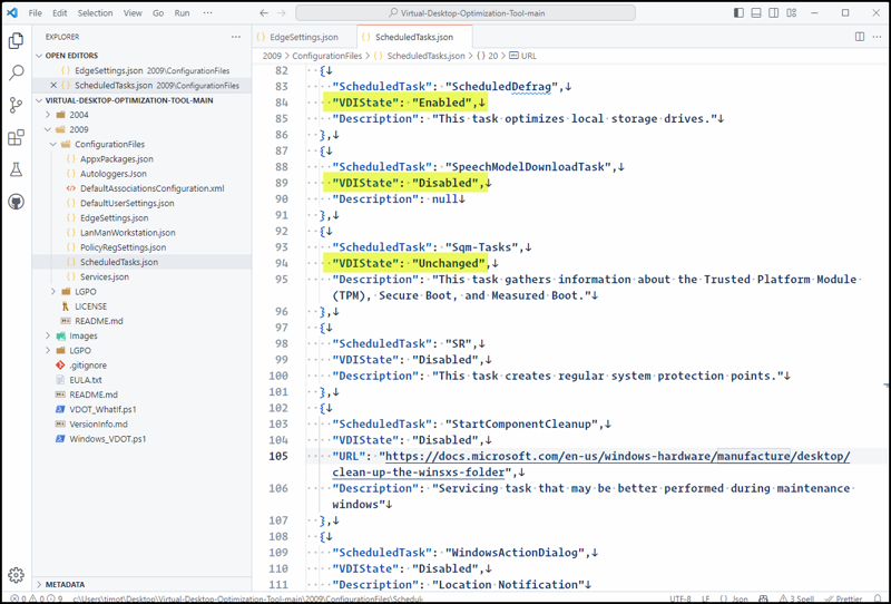 A screenshot of Visual Studio Code with the VDOT project loaded into the Explorer pane. The ScheduledTasks.json configuration file is shown, highlighting the three VDIState properties: Enabled, Disabled, and Unchanged.