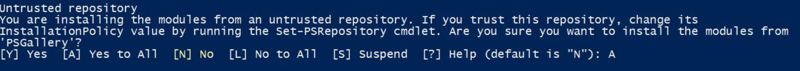 Screenshot of the MsolService PowerShell Module installation message when you install MsolService module in PowerShell. You are asked to confirm whether you to install the modules from PSGallery. Options include Yes, Yes to All, No, No to All, Suspend, and Help