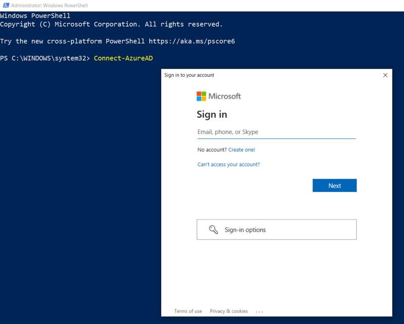 Screenshot of the Sign in page. Connect to your M365 tenant using AzureAD module by entering your 365 credentials in the Sign in field.