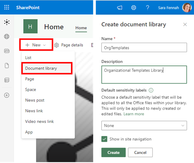 Two screenshots combined into one image. The first screenshot shows picking Document library from the New button on the site home page. The second screenshot shows setting a name and description for the new library in the Create document library blade.