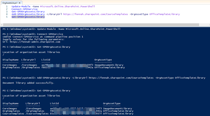 A screenshot of a PowerShell ISE window running the described PowerShell process. It includes the final step showing the three libraries when running the Get-SPOOrgAssetsLibrary cmdlet at the end of the process, compared to two libraries at the start.