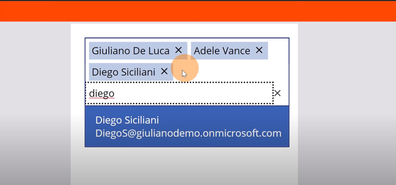 Screenshot showing our configured people picker combo box running. The names Giuliano De Luca and Adele Vance are visible, showing the display name and the email.