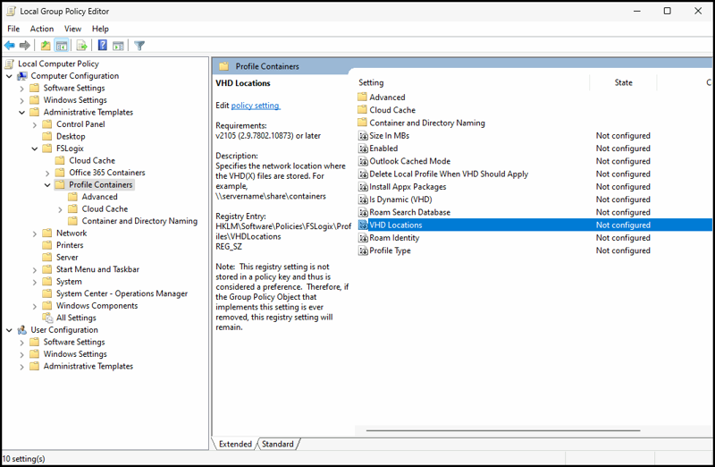 A screenshot of the Local Group Policy Editor, expanded to show the FSLogix Profile Containers policy. The VHD Locations policy is highlighted.