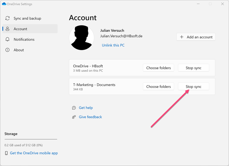 This picture shows the settings page of OneDrive – Go to Account, identify the synced documents, and then select Stop sync.